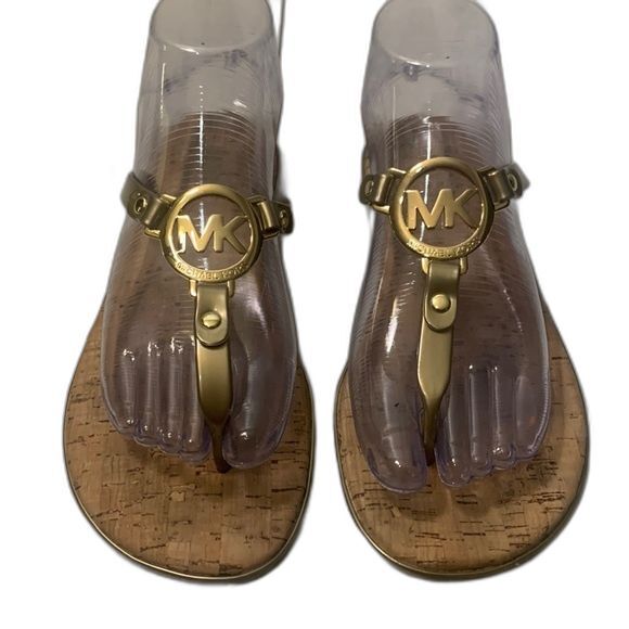 MICHAEL KORS Gold Jelly Cork Thongs Flat Sandals Size 7 MK Gold Logo Flip Flops - Picture 1 of 12
